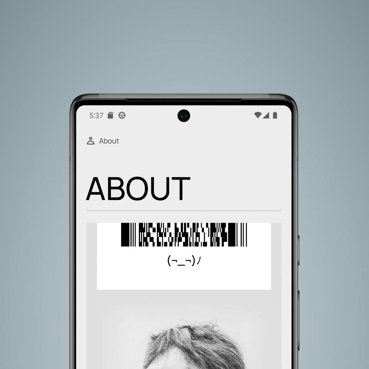 The about page displayed on a Pixel 6 Pro. A PDF417 barcode and a waving kaomoji can be seen above the self-portrait.