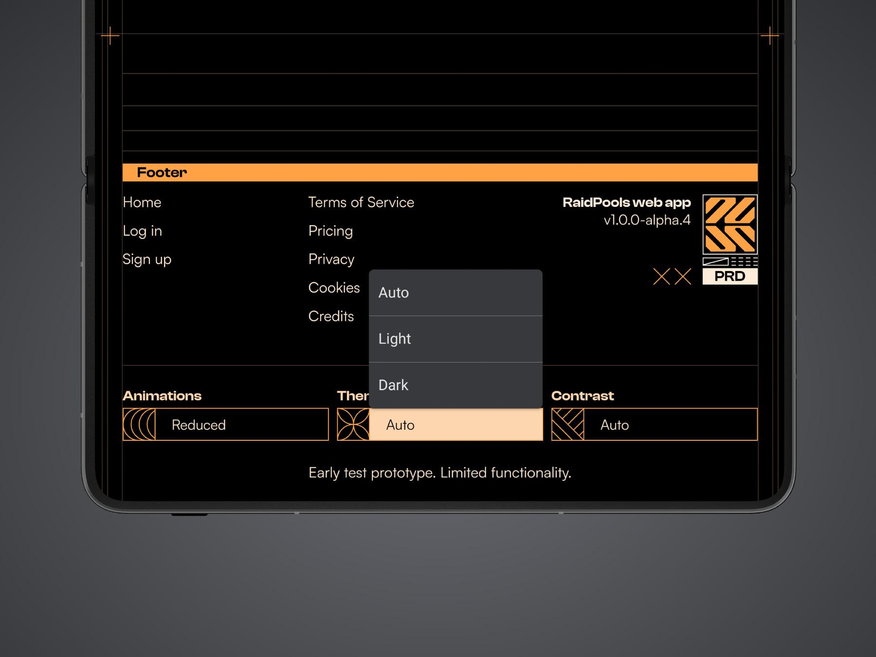 RaidPools footer with drop-down menus for animation, theme, and contrast. The theme menu is expanded, showing the options “auto,” “light,” and “dark."