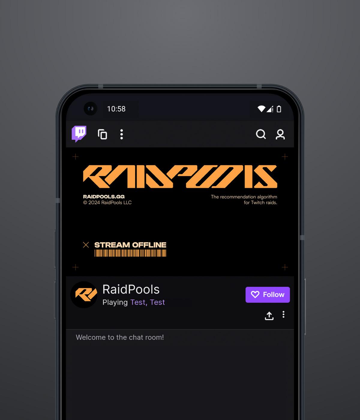 RaidPools stream placeholder screen displayed within the Twitch interface on a Nothing Phone 1.