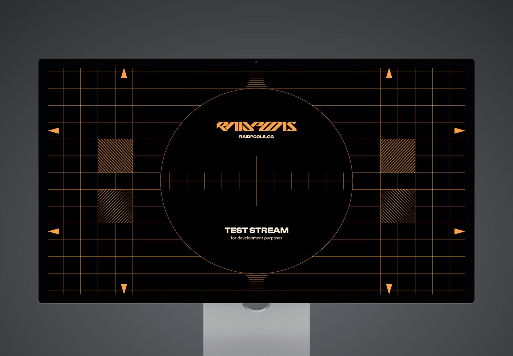 RaidPools test stream image. Similar to a TV test pattern but in orange, with the RaidPools logotype at the center.