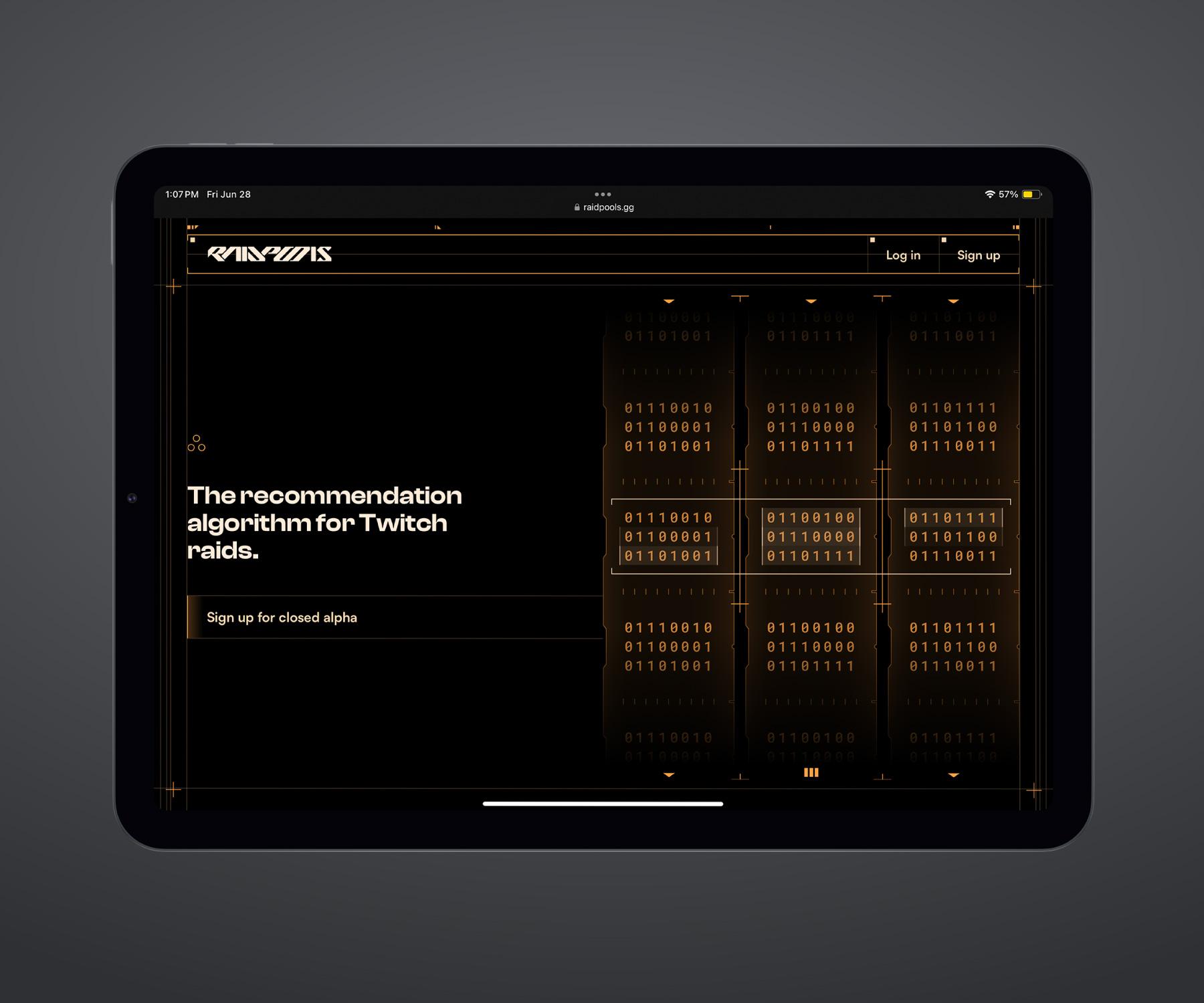 RaidPools home page displayed on an iPad Air in dark mode. Orange text and graphics on a black background.