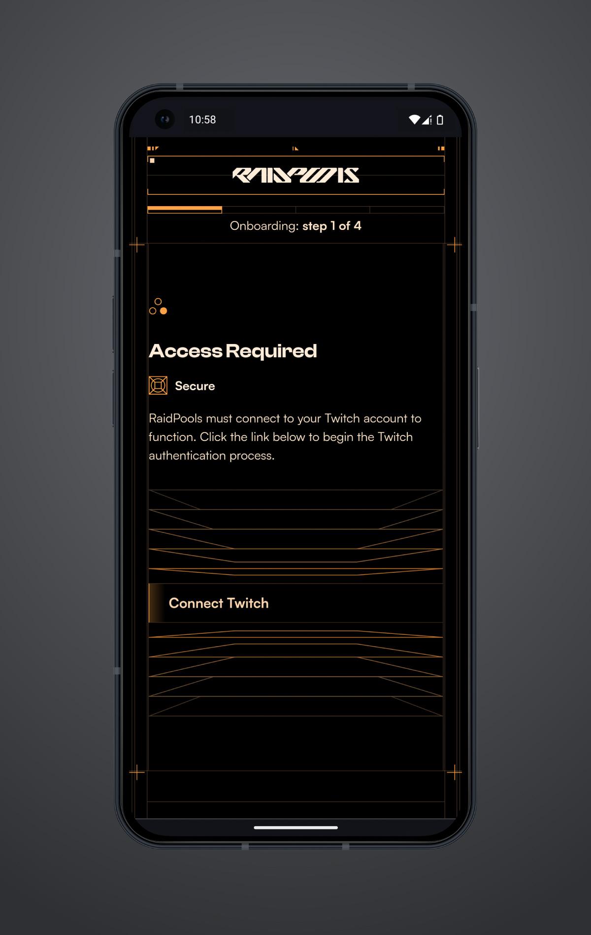 RaidPools sign-up page displayed on a Nothing Phone 1 in dark mode. Orange text and graphics on a black background.