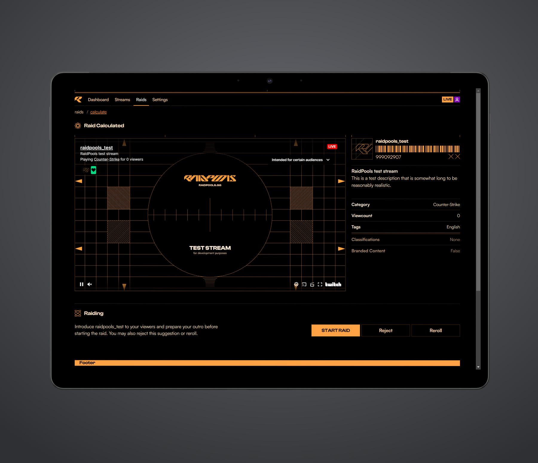 RaidPools “calculate raid” page displayed on a Surface Pro 8 in dark mode. A large live stream accompanied by user information and a button labeled “start raid.”