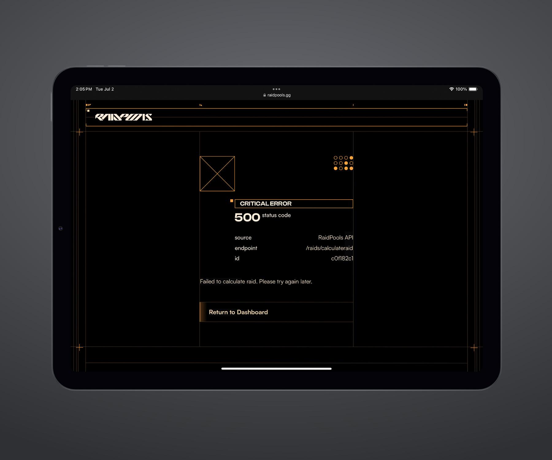 RaidPools error page displayed on an iPad Air in dark mode. Shows a 500 status code with source, endpoint, and identification information.