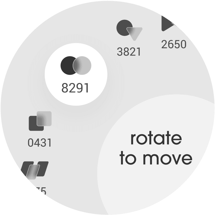 The card reordering interface shows all cards in a partially visible circle with the selected card highlighted with a white circle and the hint “rotate to move” next to it.