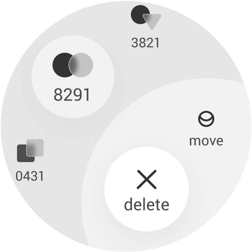 The card options menu with a delete and move button. The corresponding card is highlighted with a white circle.