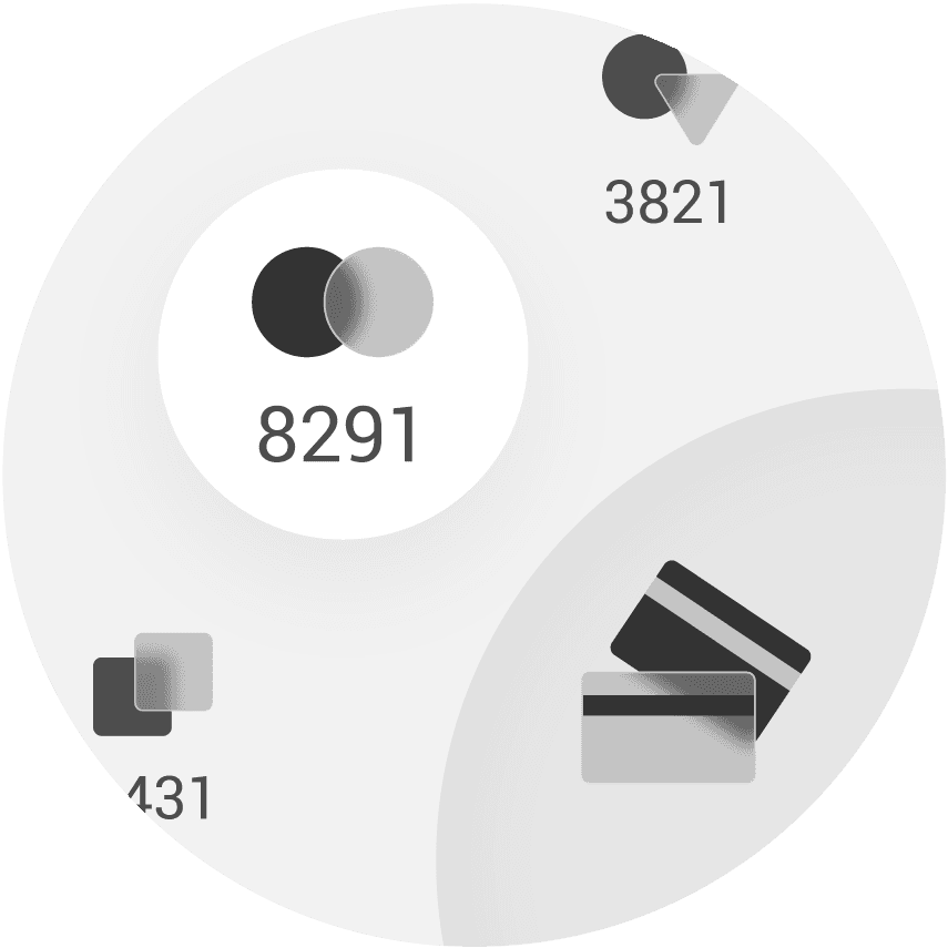 The card selection page displays credit and debit cards the user has stored on the device. Each card is represented by a user-defined icon and the card number’s last four digits. All cards are arranged in a partially visible circle that the user scrolls through by turning the surrounding dial.