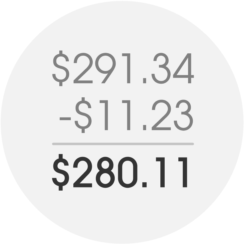 The payment confirmation screen shows the amount paid being subtracted from the user’s balance in the form of a long subtraction.