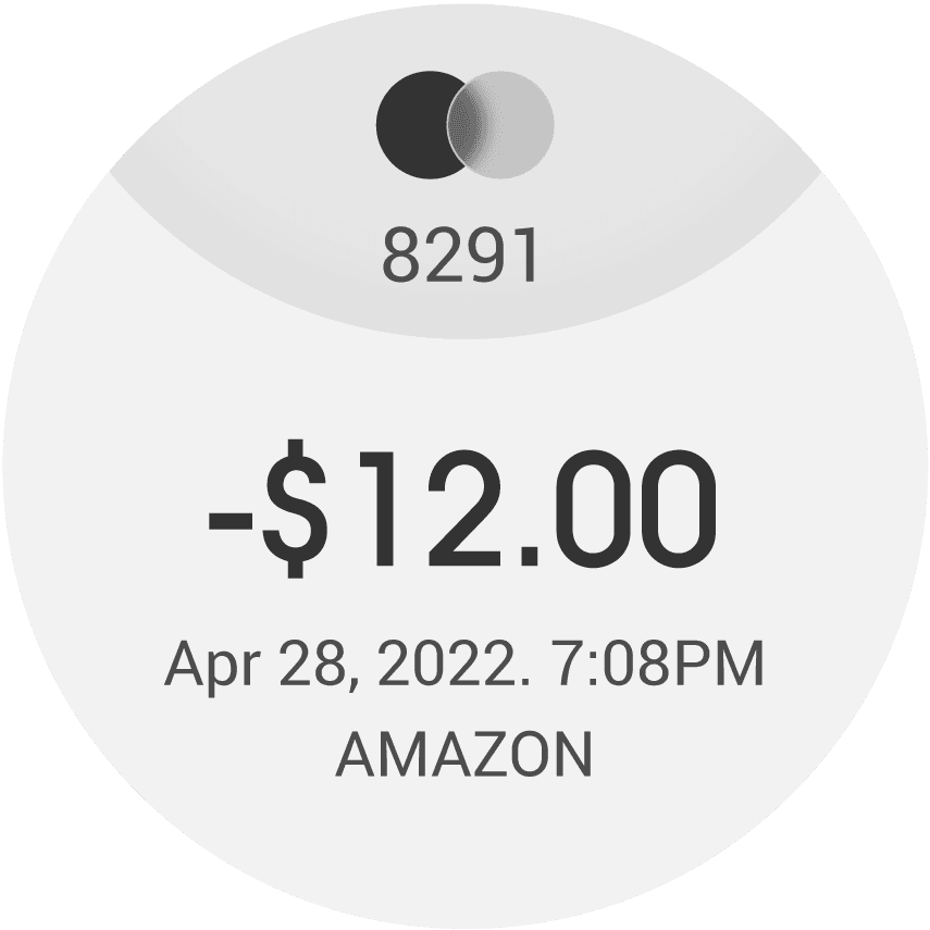 By clicking on a specific transaction in the list, the user is shown the card details, the amount spent, the exact time of the transaction, and the merchant involved.