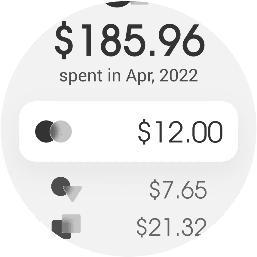By clicking on a month’s spending, the user is shown a list of transactions with the icon of the card used and the amount spent.