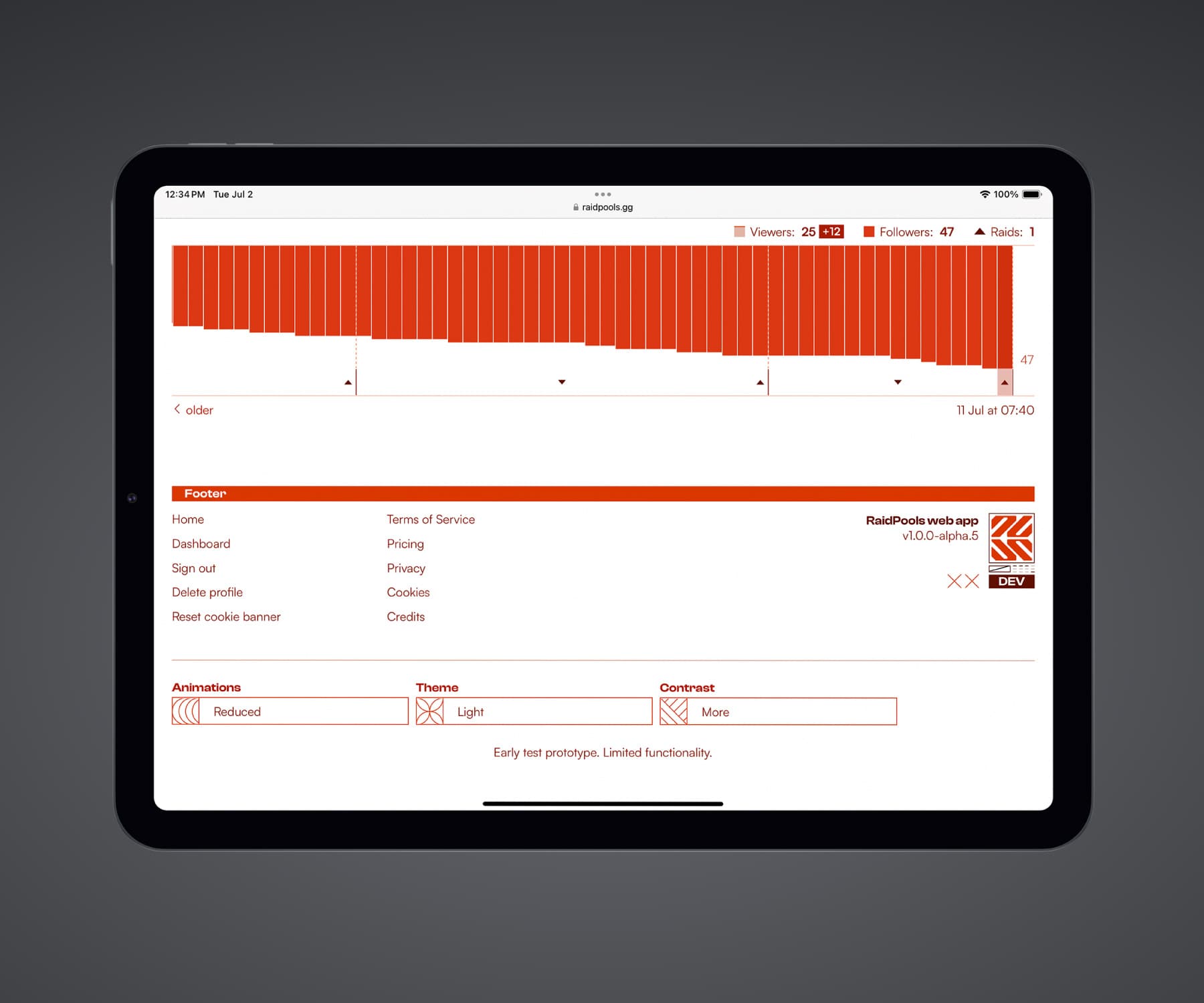 RaidPools footer displayed on an iPad Air in high-contrast light mode. Dark red text and graphics on a white background.