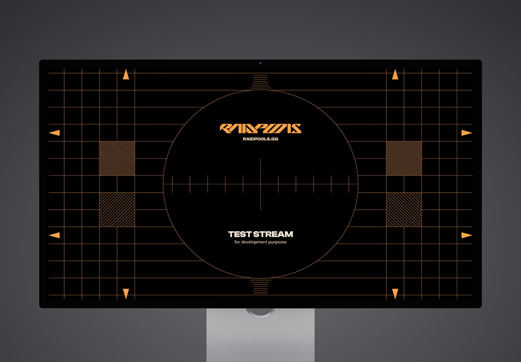 RaidPools test stream image. Similar to a TV test pattern but in orange, with the RaidPools logotype at the center.