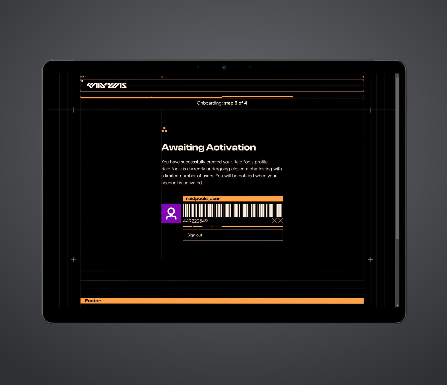 RaidPools “awaiting activation” page displayed on a Surface Pro 8 in dark mode. Orange text and graphics on a black background.